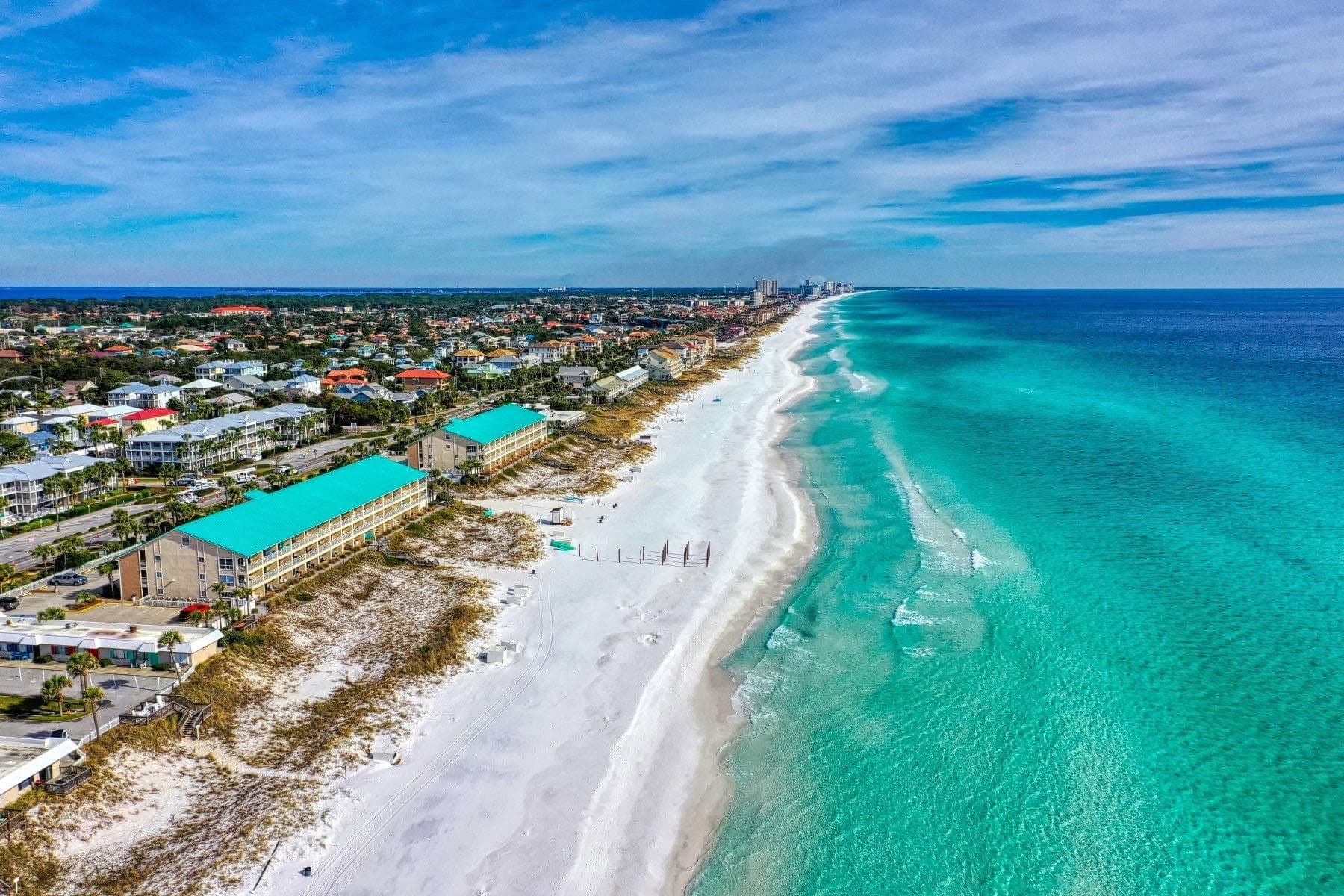 Aerial view of Destin, Florida — white sand beaches and emerald Gulf waters
